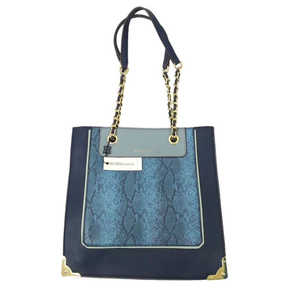 BCBGeneration Morgan Tote Purse 2 Tone Snake Print Gold Tone Chain Straps NEW